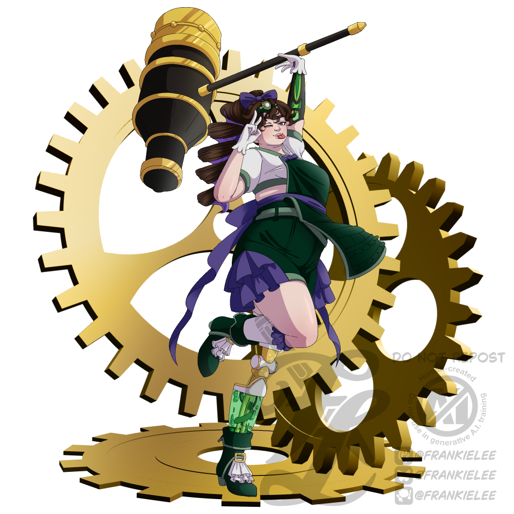 Splash art of Era. She's a tall chubby mechanic with a prosthetic arm and leg. She's posed with a knee up and her arm outstretched above her holding out a large hammer. She has pale skin, brown hair with purple dyed on the inside, and her outfit has a lot of frill details. She has her tongue poking out while doing a peace sign near her face.